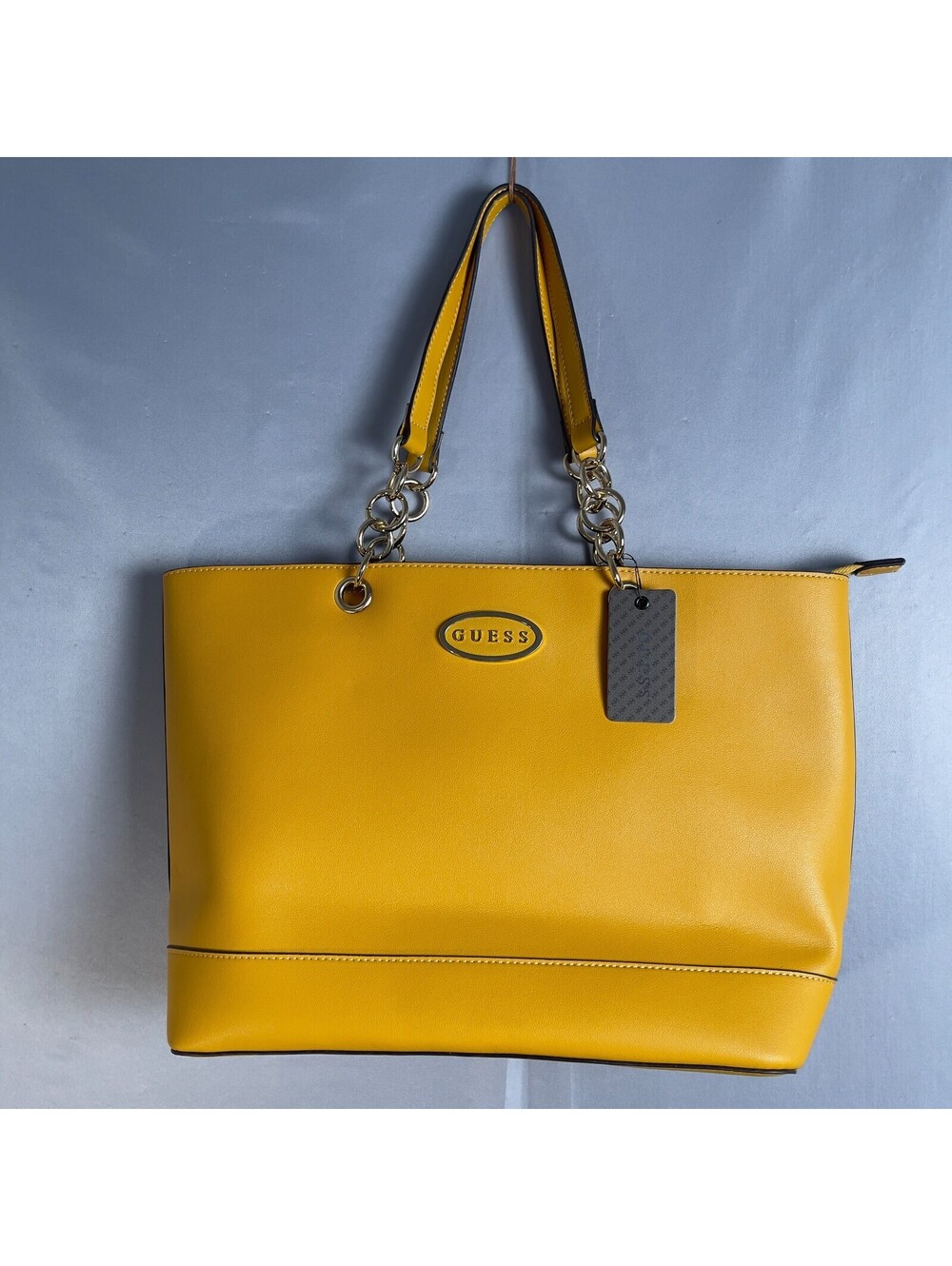 GUESS Mustard Yellow Large Tote Bag NWT Chain Handles Zip Top Faux Leather